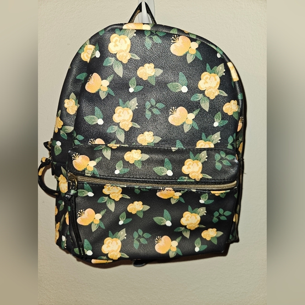 Kohls Purse Mini Backpack Handbag  Black W/ Yellow Flowers